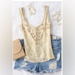 Daytrip Buckle Cream Lace Embellished Tank Top XS Boho Festival